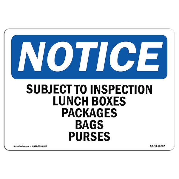 Signmission OSHA , 3.5" Height, Subject To Inspection Lunch Boxes Packages Sign, 5" X 3.5", Landscape OS-NS-D-35-L-16637 - main